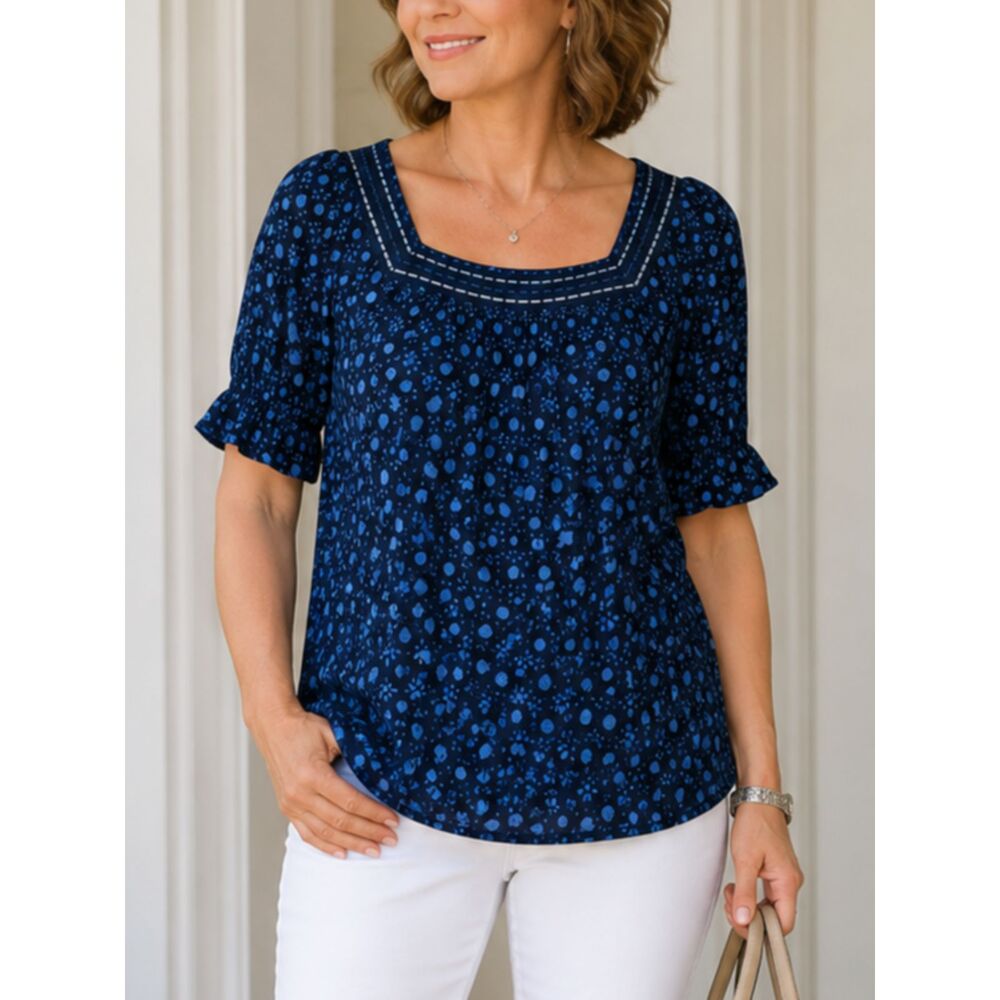 Style & Co Blue Boho Peasant Blouse Medium Square Neck Puff Sleeve Top